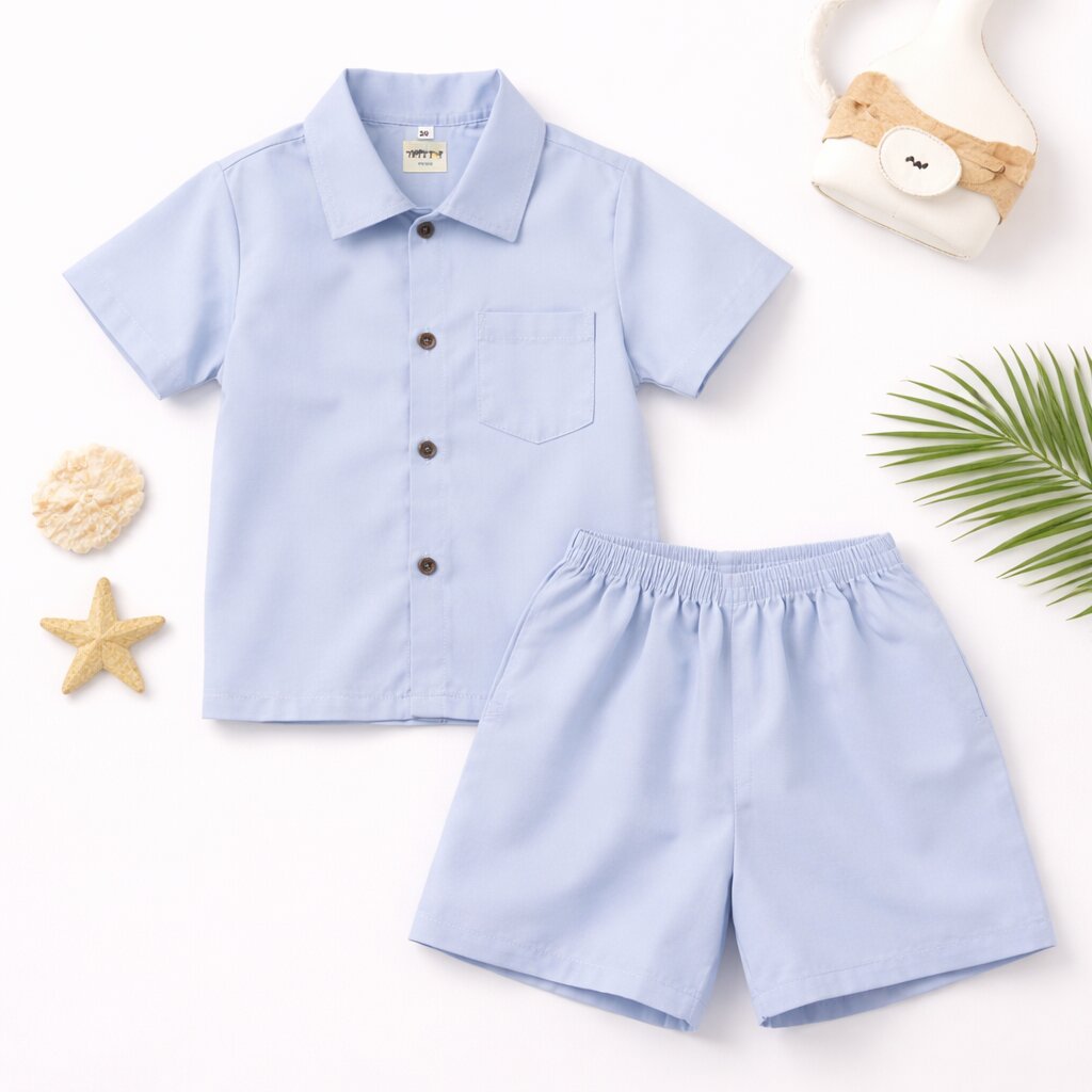 Cotton Co-ord Set with Bicycle Patch | Light Blue Shirt & Shorts Summer Outfit