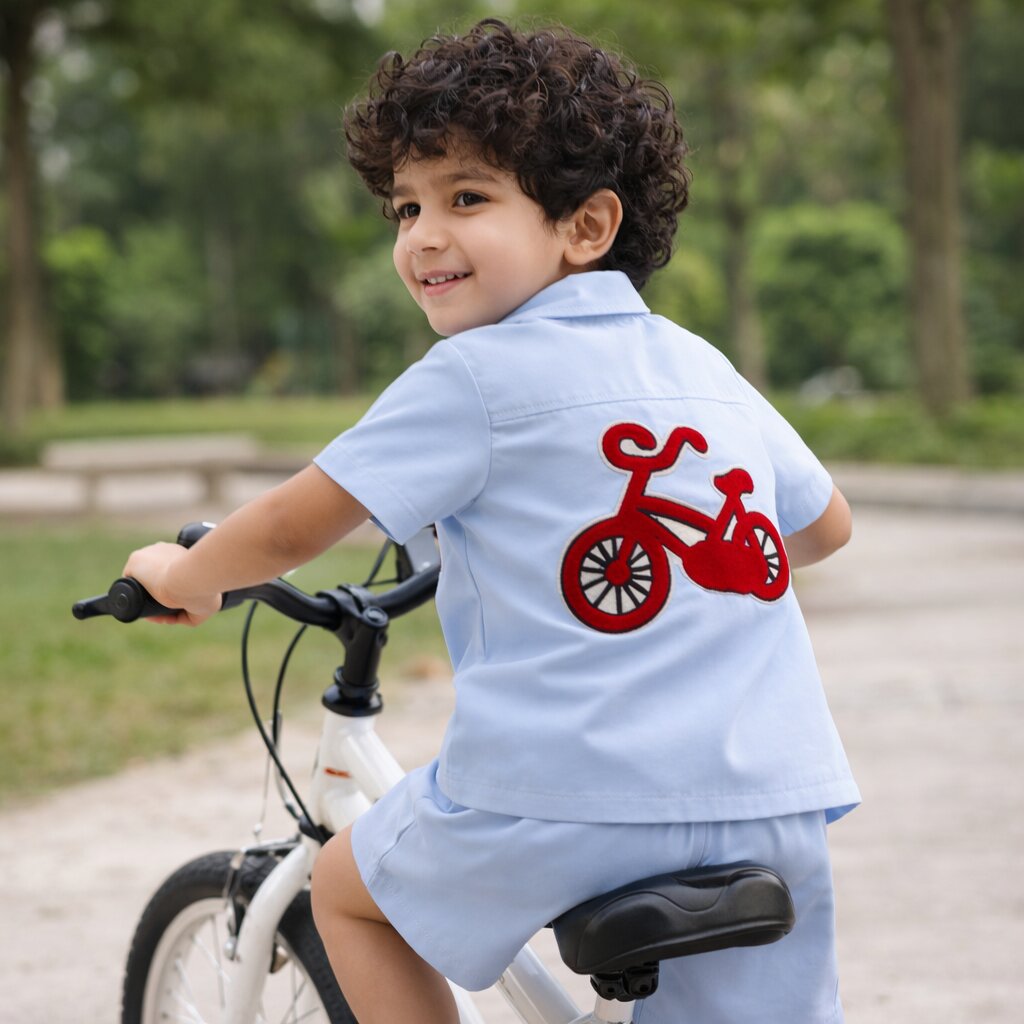 Cotton Co-ord Set with Bicycle Patch | Light Blue Shirt & Shorts Summer Outfit