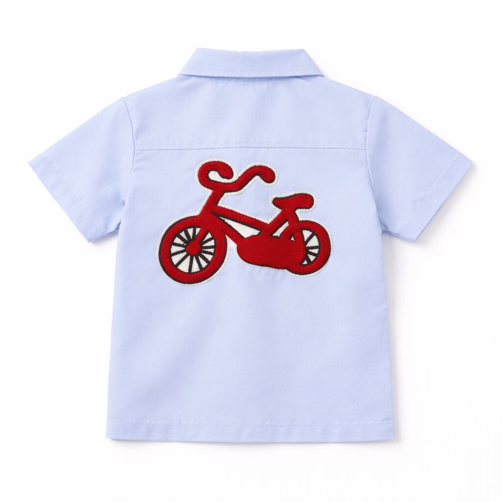 Cotton Co-ord Set with Bicycle Patch | Light Blue Shirt & Shorts Summer Outfit