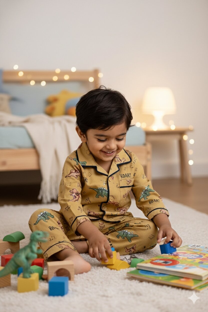 Boys brown cotton dinosaur print night suit – front view on child