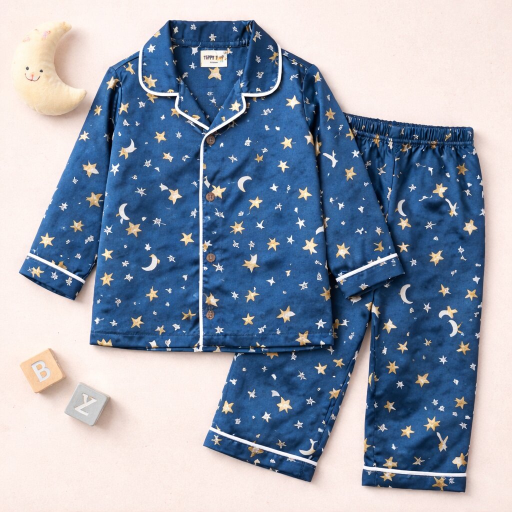 Blue Satin Star Print Night Suit Set | Premium Sleepwear