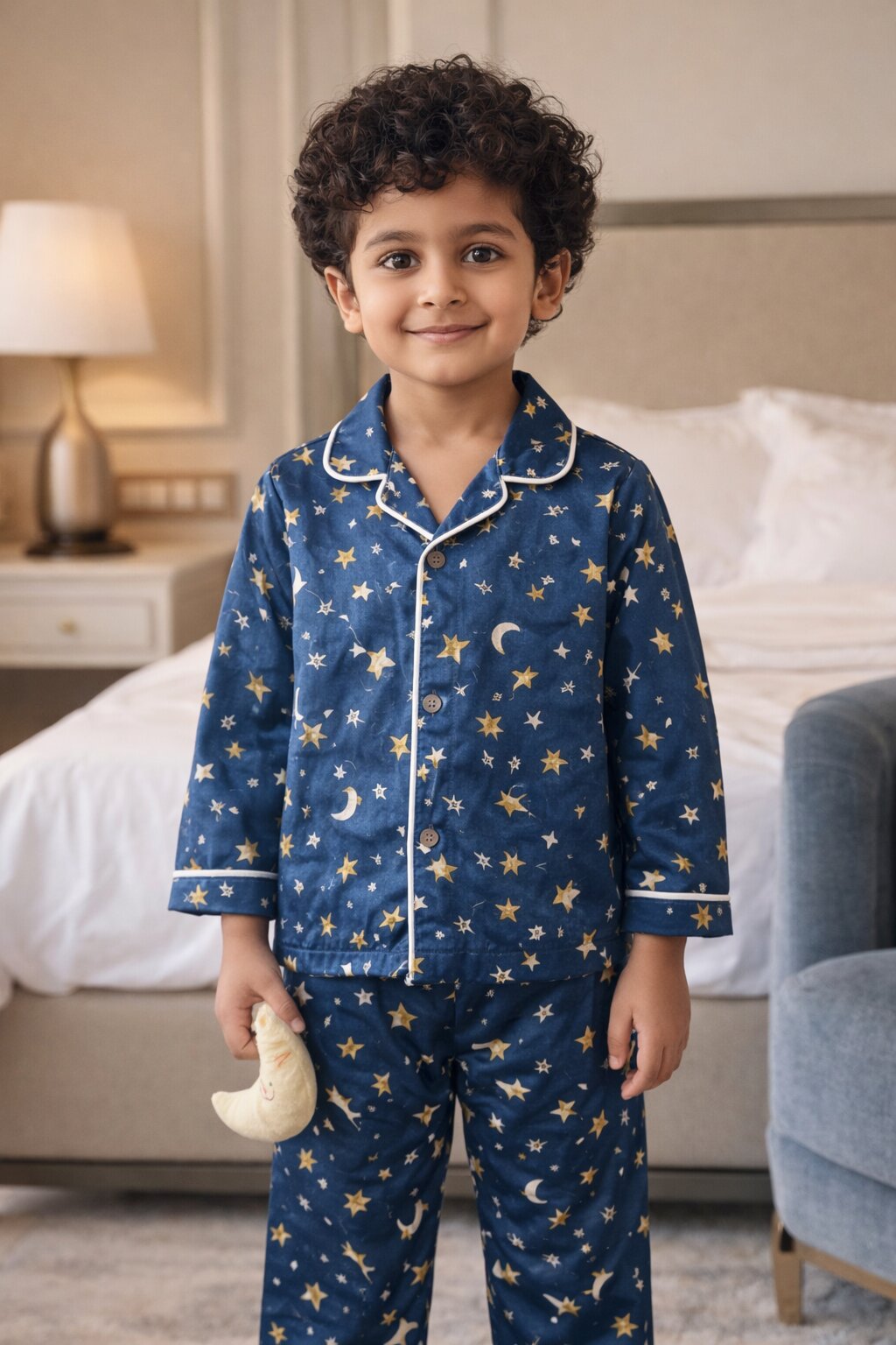 Blue Satin Star Print Night Suit Set | Premium Sleepwear