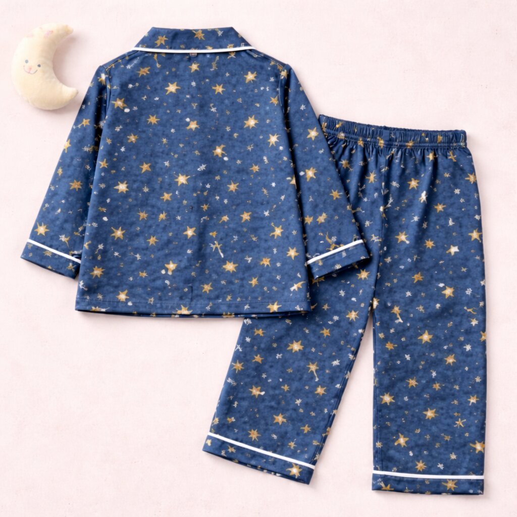 Blue Satin Star Print Night Suit Set | Premium Sleepwear