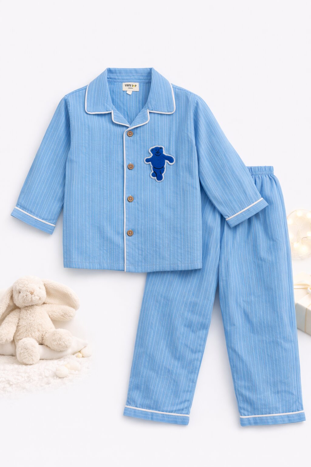 Blue Striped Cotton Night Suit with Teddy Patch