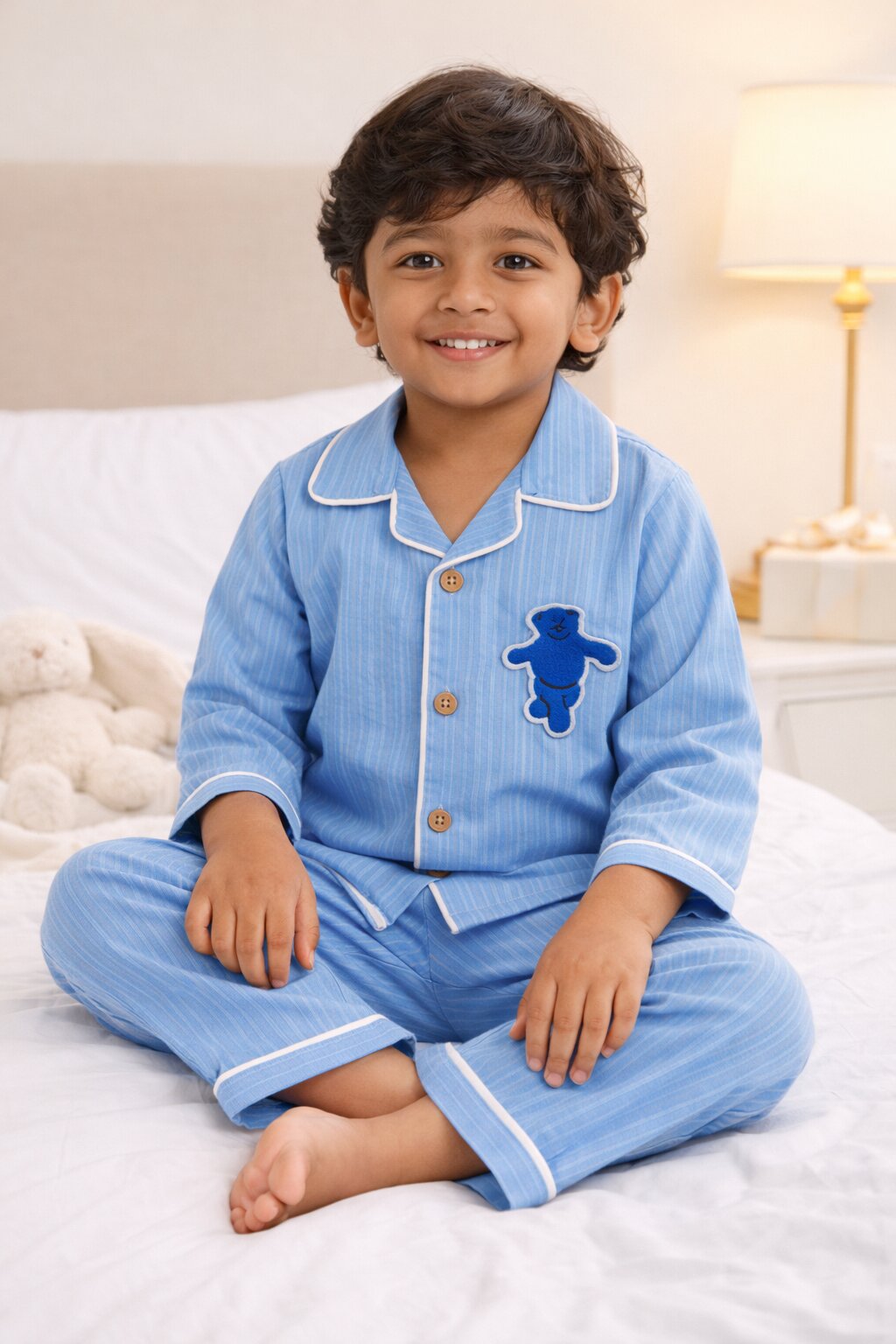 Blue Striped Cotton Night Suit with Teddy Patch