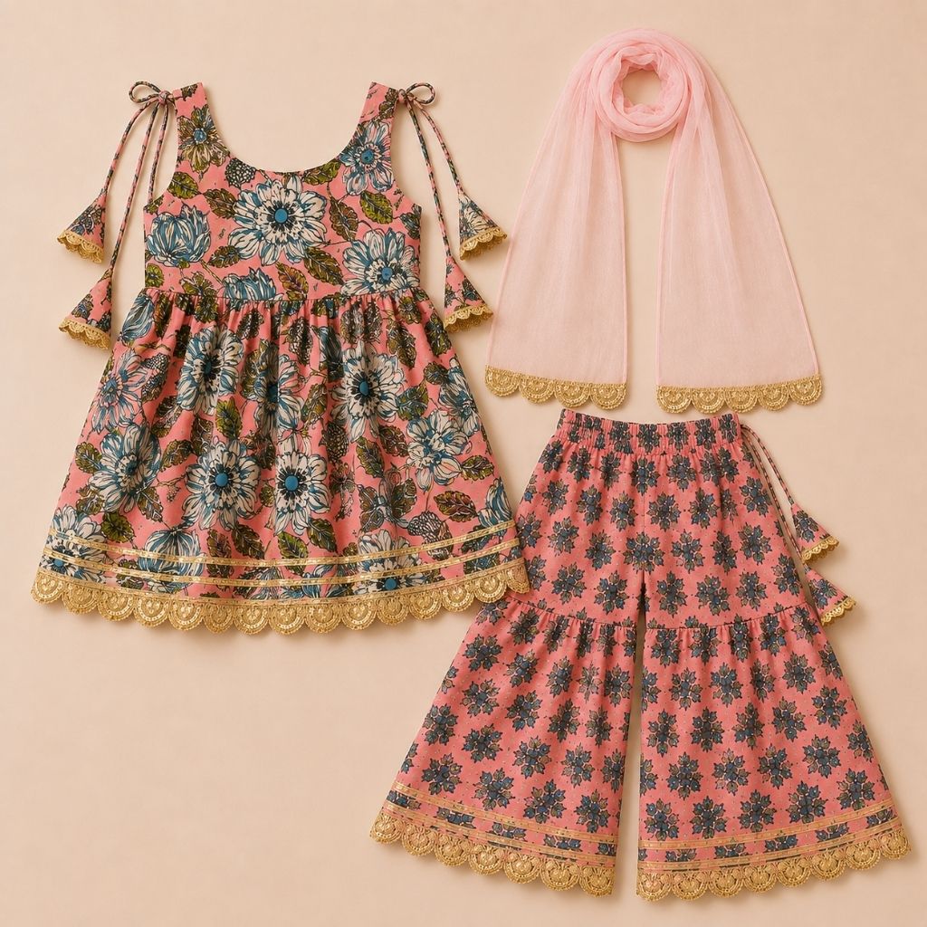 Girls Floral Printed Cotton Kurti Sharara Set with Net Dupatta | Sleeveless Ethnic Wear | Pink