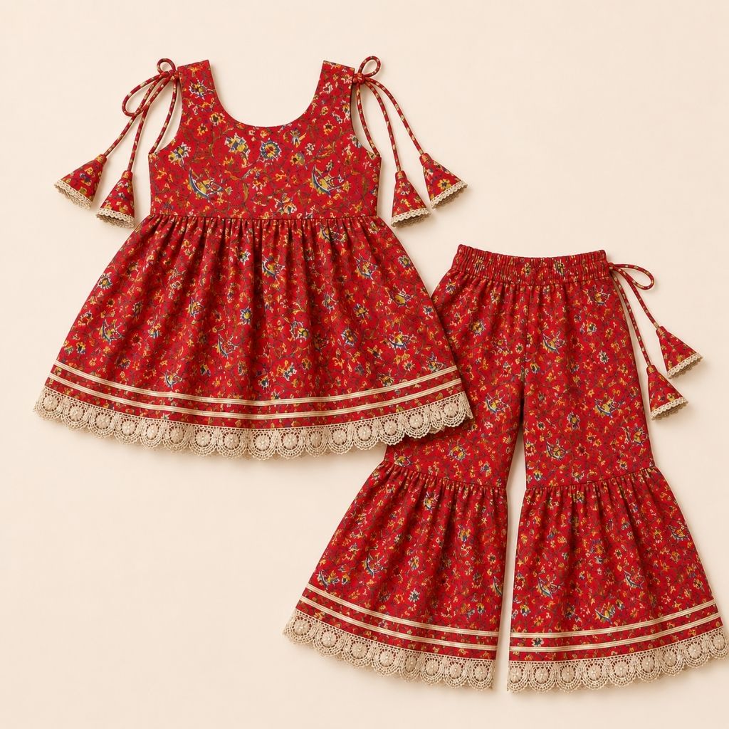 Girls Floral Printed Cotton Kurti Sharara Set with Net Dupatta | Sleeveless Festive Ethnic Wear | Red
