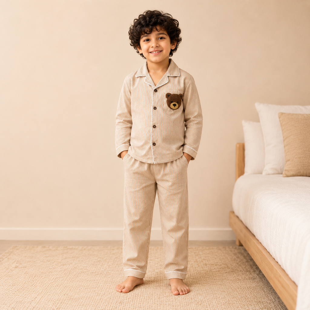 Cotton Striped Full Sleeve Night Suit with Teddy Patch & Pyjama - Beige