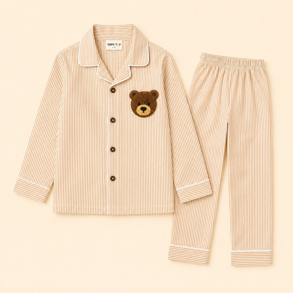 Cotton Striped Full Sleeve Night Suit with Teddy Patch & Pyjama - Beige