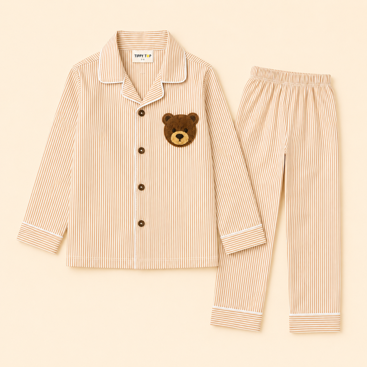 Cotton Striped Full Sleeve Night Suit with Teddy Patch & Pyjama - Beige