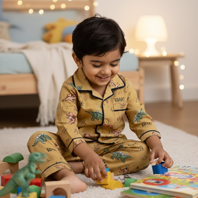 Boy playing in an overall printed beige night suit