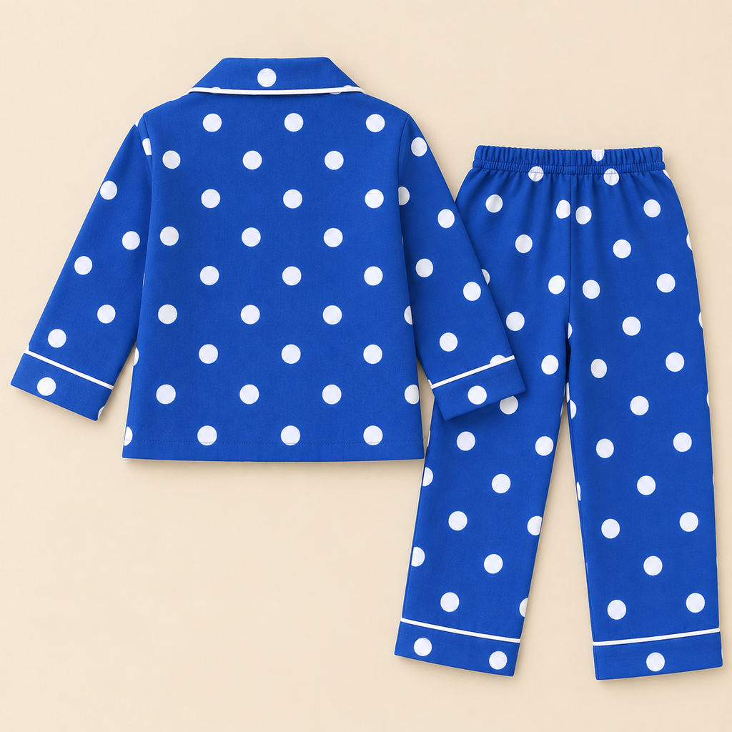 Cotton Full Sleeves Blue White Polka Dot Shirt & Pajama Nightsuit Set for Kids
