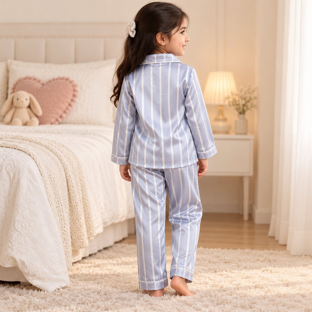Girls Blue & White Striped Satin Night Suit
