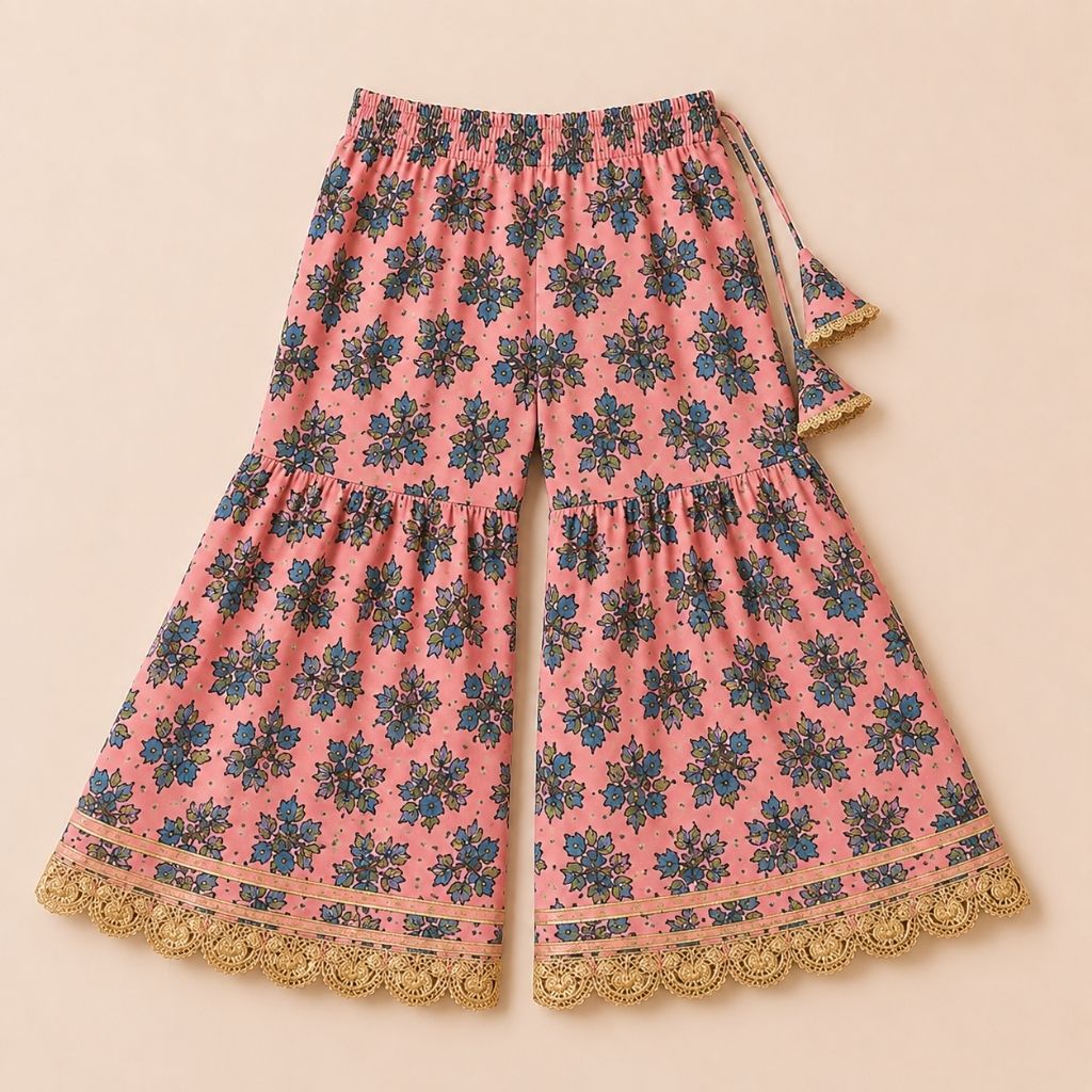 Girls Floral Printed Cotton Kurti Sharara Set with Net Dupatta | Sleeveless Ethnic Wear | Pink