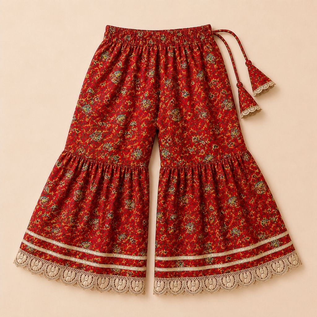 Girls Floral Printed Cotton Kurti Sharara Set with Net Dupatta | Sleeveless Festive Ethnic Wear | Red