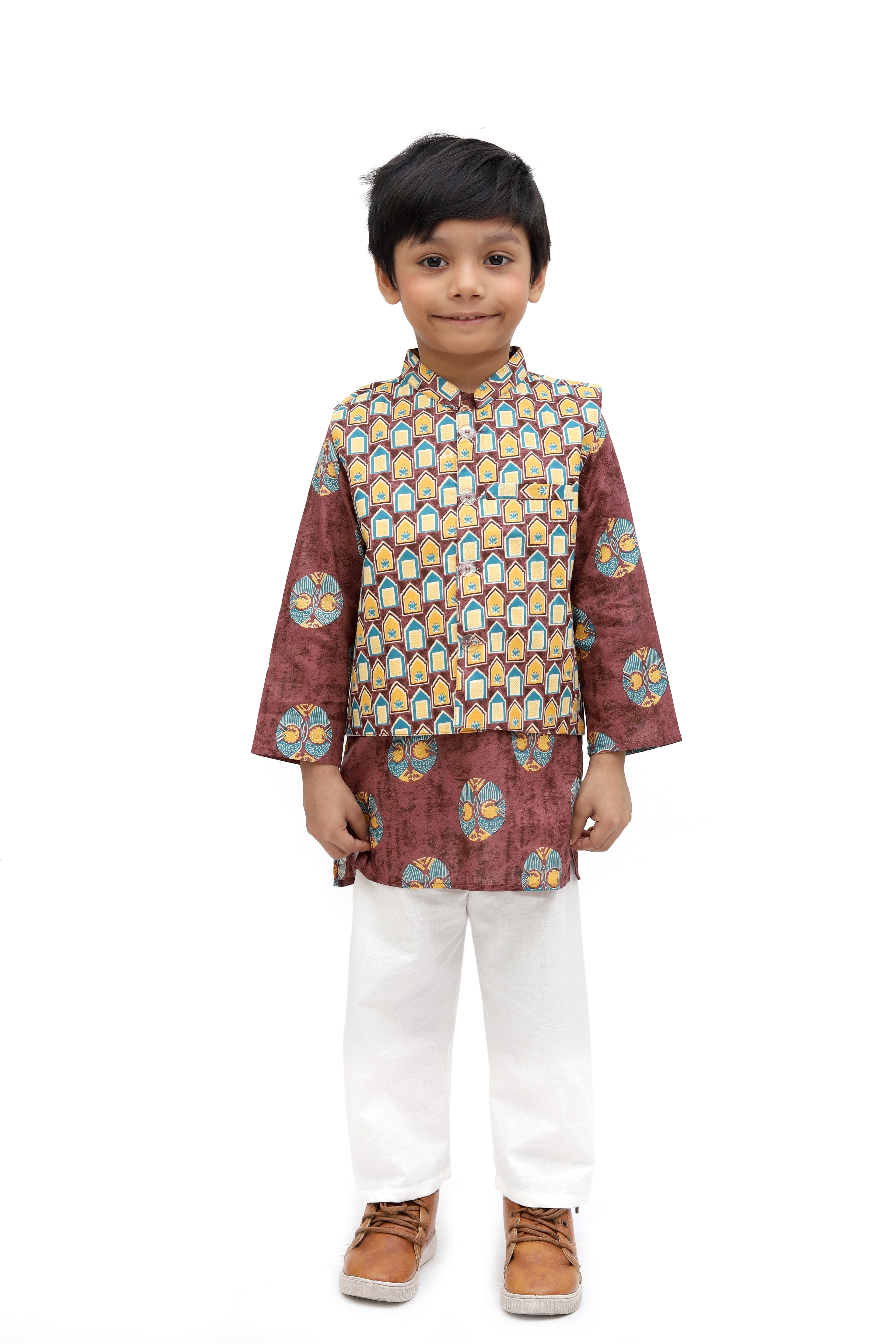 Brown Cotton Printed Nehru Jacket Kurta Set