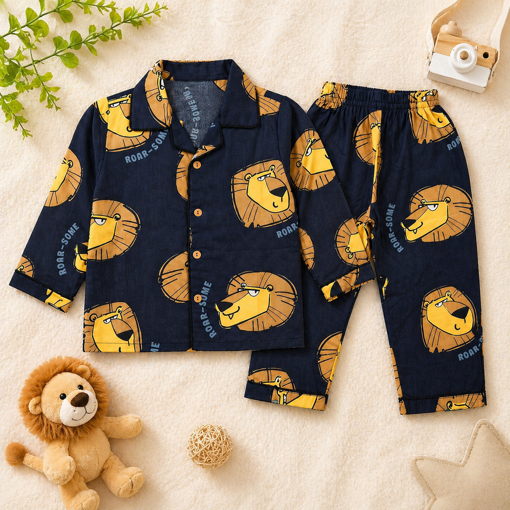Pure Cotton Navy Blue Lion Print Nightsuit Set