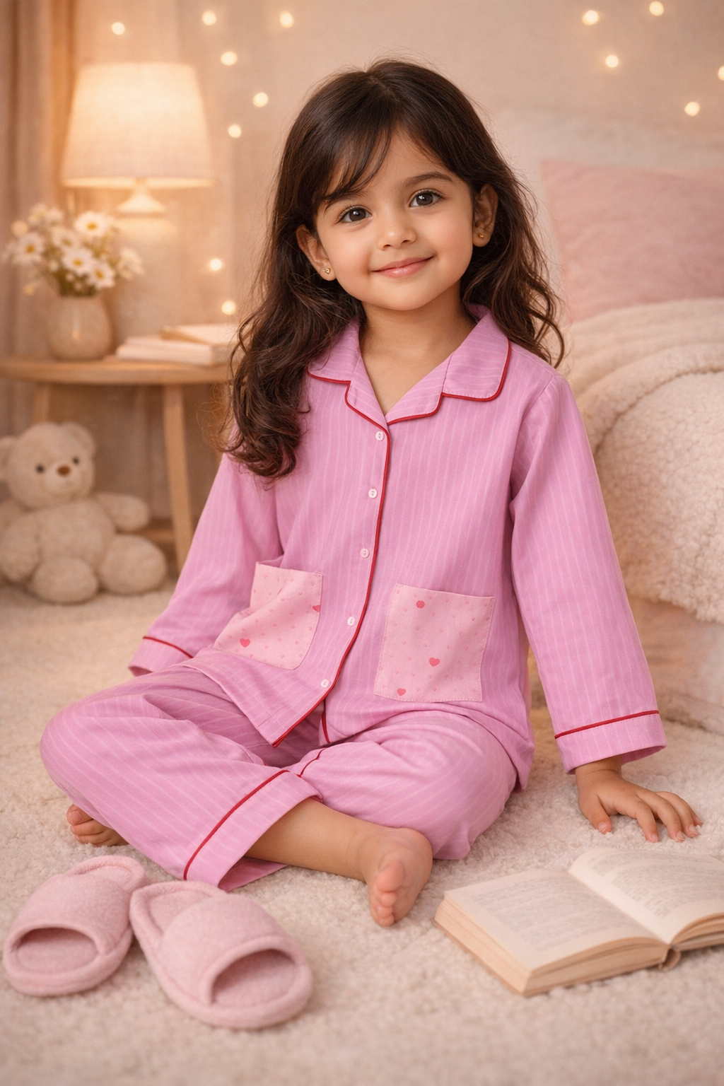 Pure Cotton Pink Full Sleeves Night Suit with Heart Pocket Detail