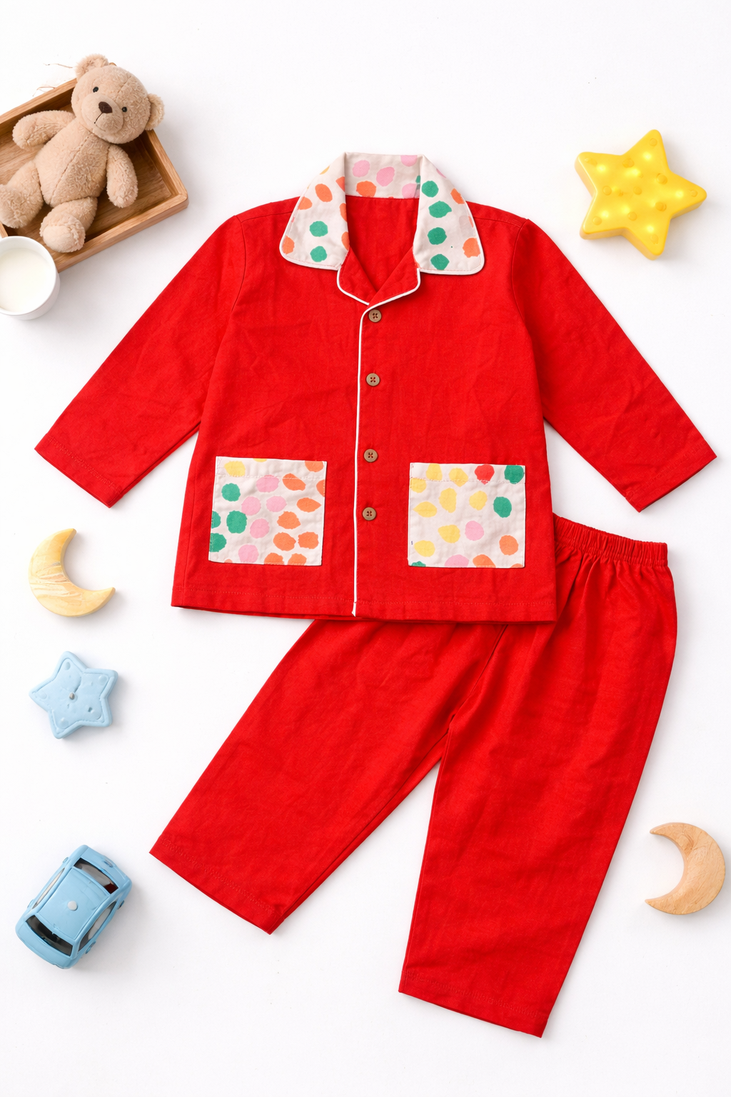 Cotton Printed Night Suit with Dual Pockets - Orange