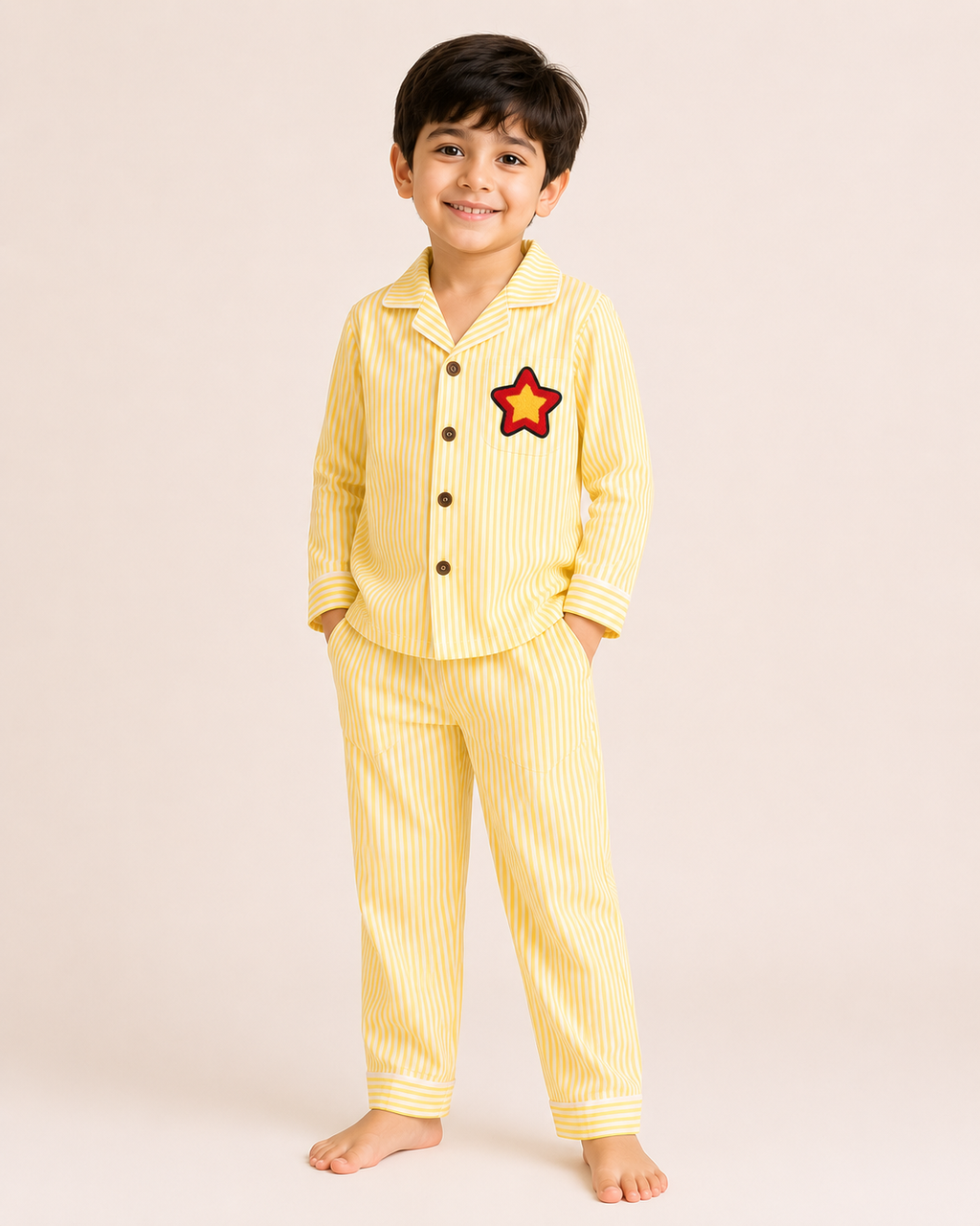Kids Pure Cotton Night Suit | Yellow Vertical Stripe Full Sleeve Shirt & Pyjama Set with Star Patch