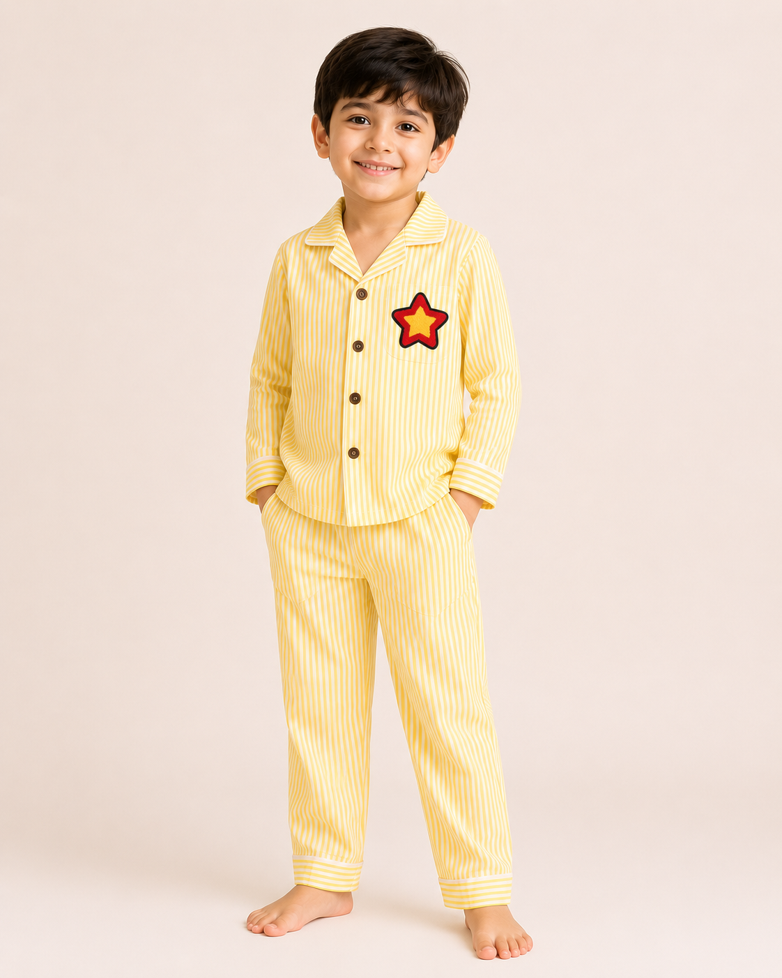 Kids Pure Cotton Night Suit | Yellow Vertical Stripe Full Sleeve Shirt & Pyjama Set with Star Patch