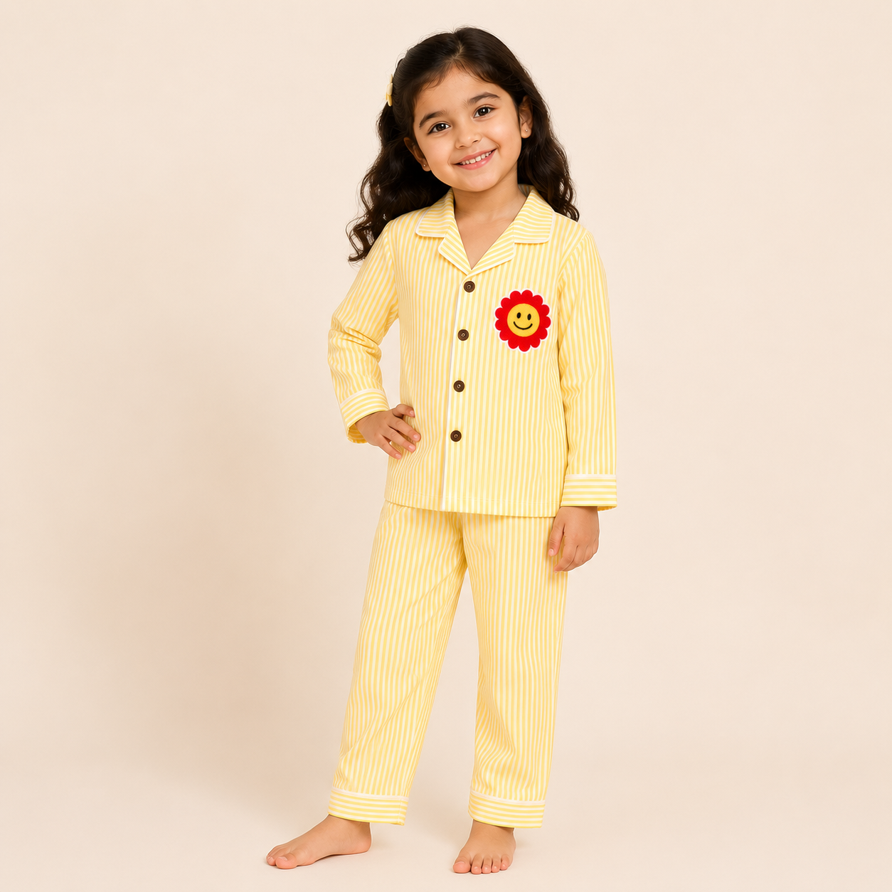 Kids Pure Cotton Night Suit | Yellow Vertical Stripe Full Sleeve Shirt & Pyjama Set with Smiley Flower Patch
