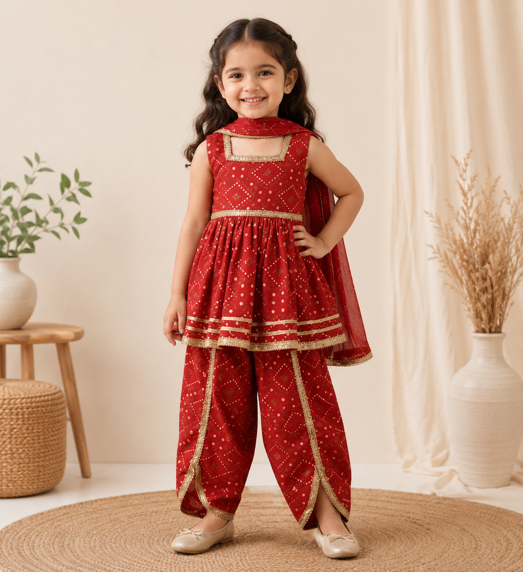 Girls Red Cotton Peplum Kurta with Dhoti Pants & Dupatta | Festive Ethnic Wear Set