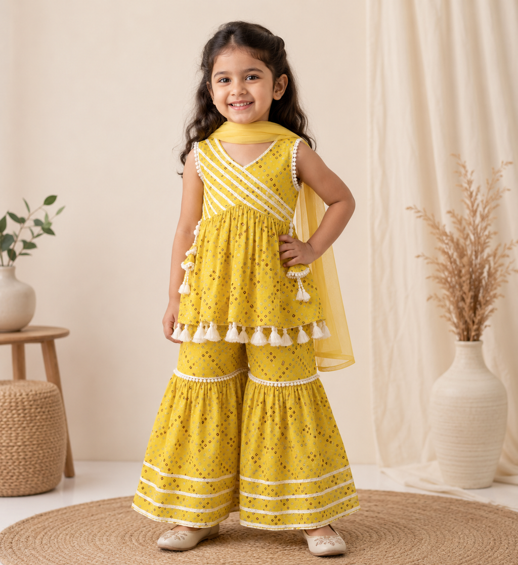 Girls Mustard Yellow Cotton Peplum Kurta with Sharara & Dupatta | Ethnic Festive Wear Set