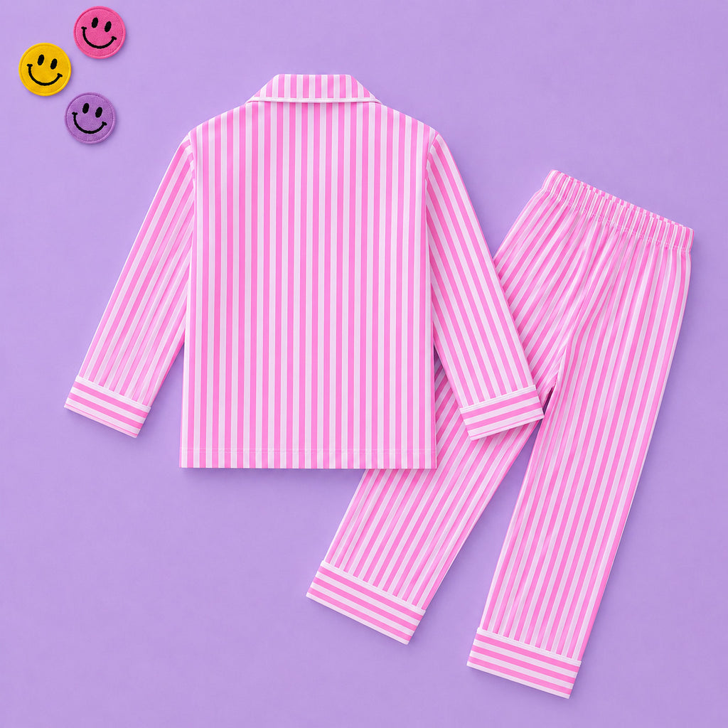 Pink Striped Smiley Cotton Kids Night Suit