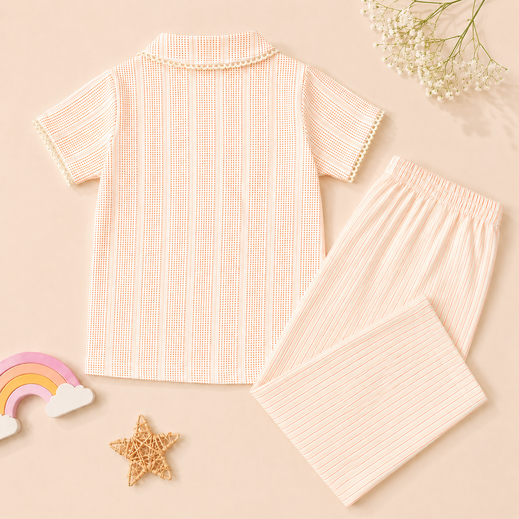 Girls Cotton Summer Stripe Coord Set with Textured Shirt & Wide Leg Pants