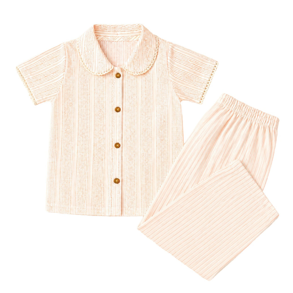 Girls Cotton Summer Stripe Coord Set with Textured Shirt & Wide Leg Pants