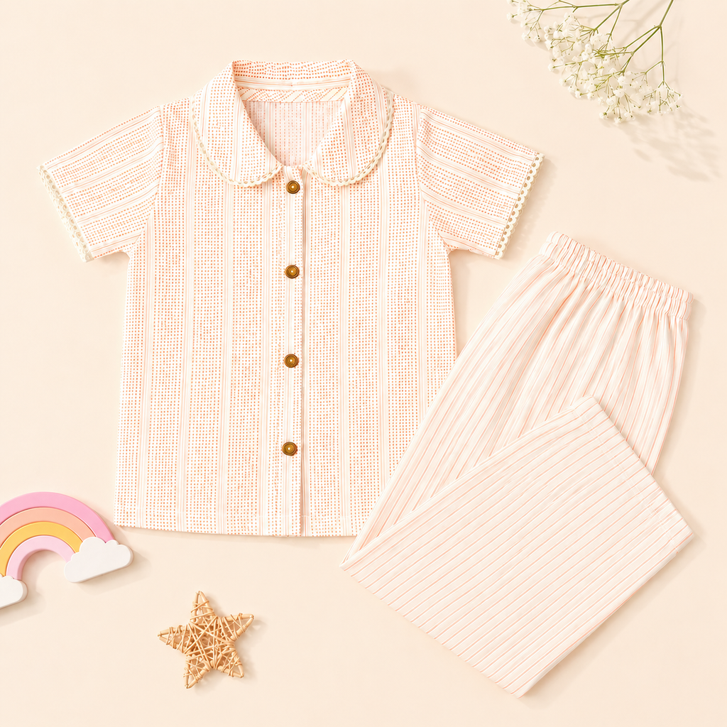 Girls Cotton Summer Stripe Coord Set with Textured Shirt & Wide Leg Pants