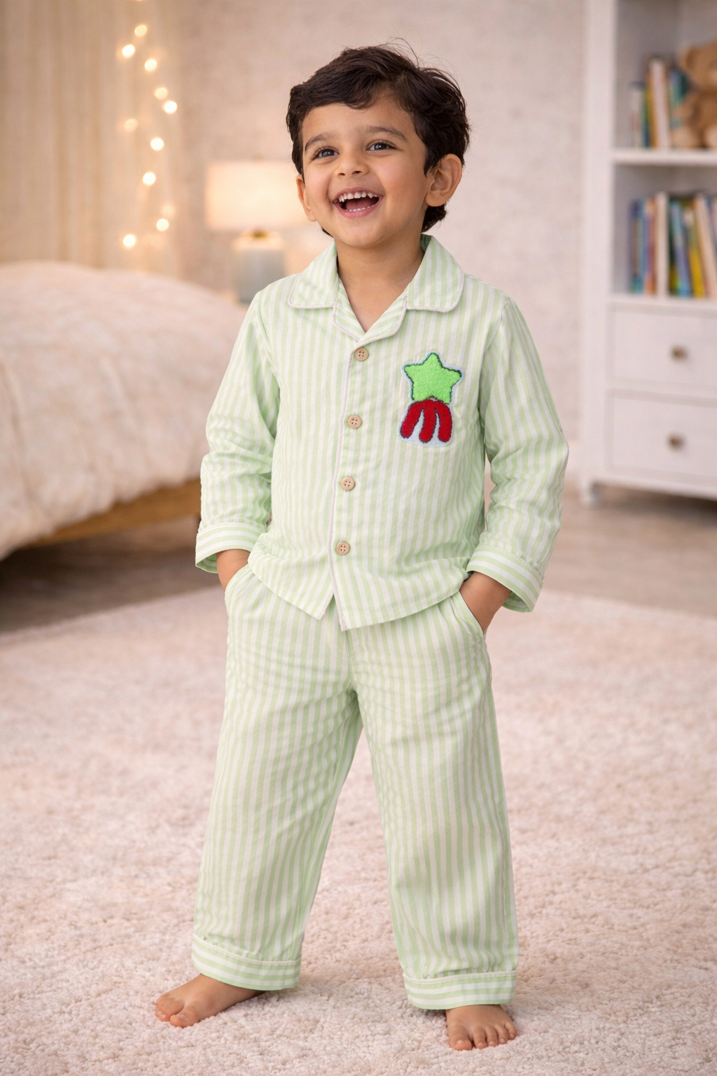 Cotton Pajama Set – Lime Green Striped Nightsuit