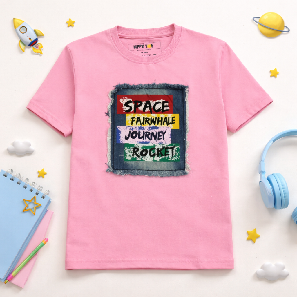 Kids Pink Cotton T-Shirt with Denim Patch | Space Rocket Graphic Tee