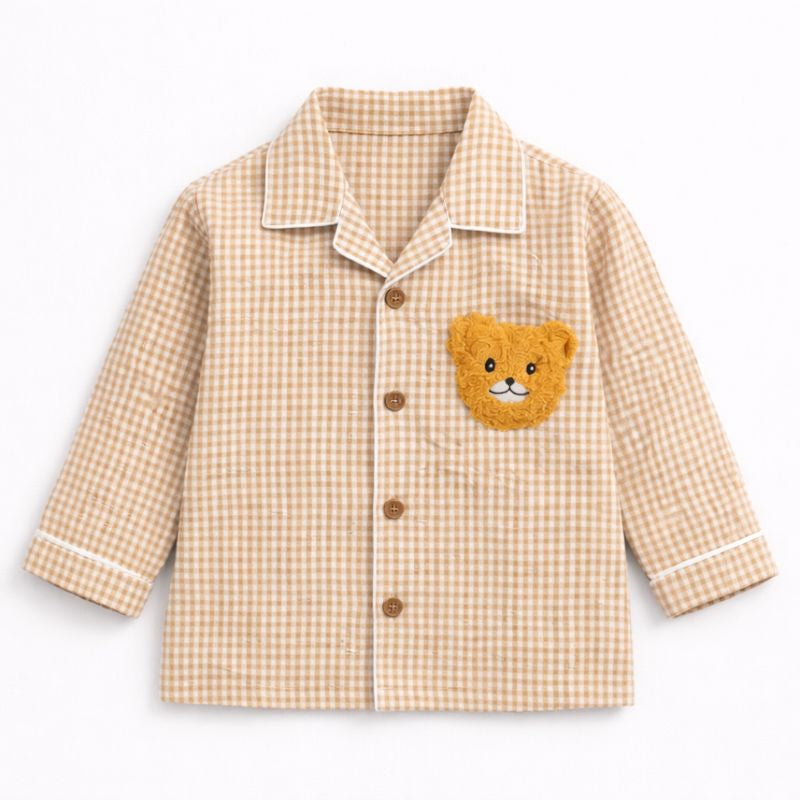 Cotton Checked Night Suit with Teddy Patch - Beige