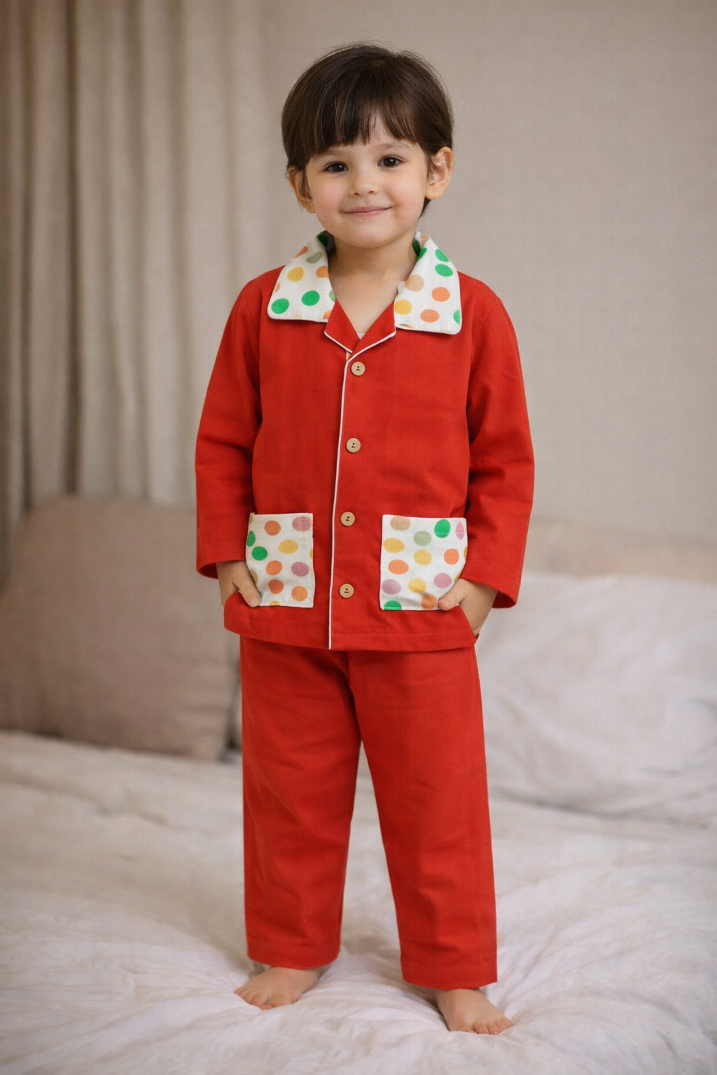 Cotton Printed Night Suit with Dual Pockets - Orange