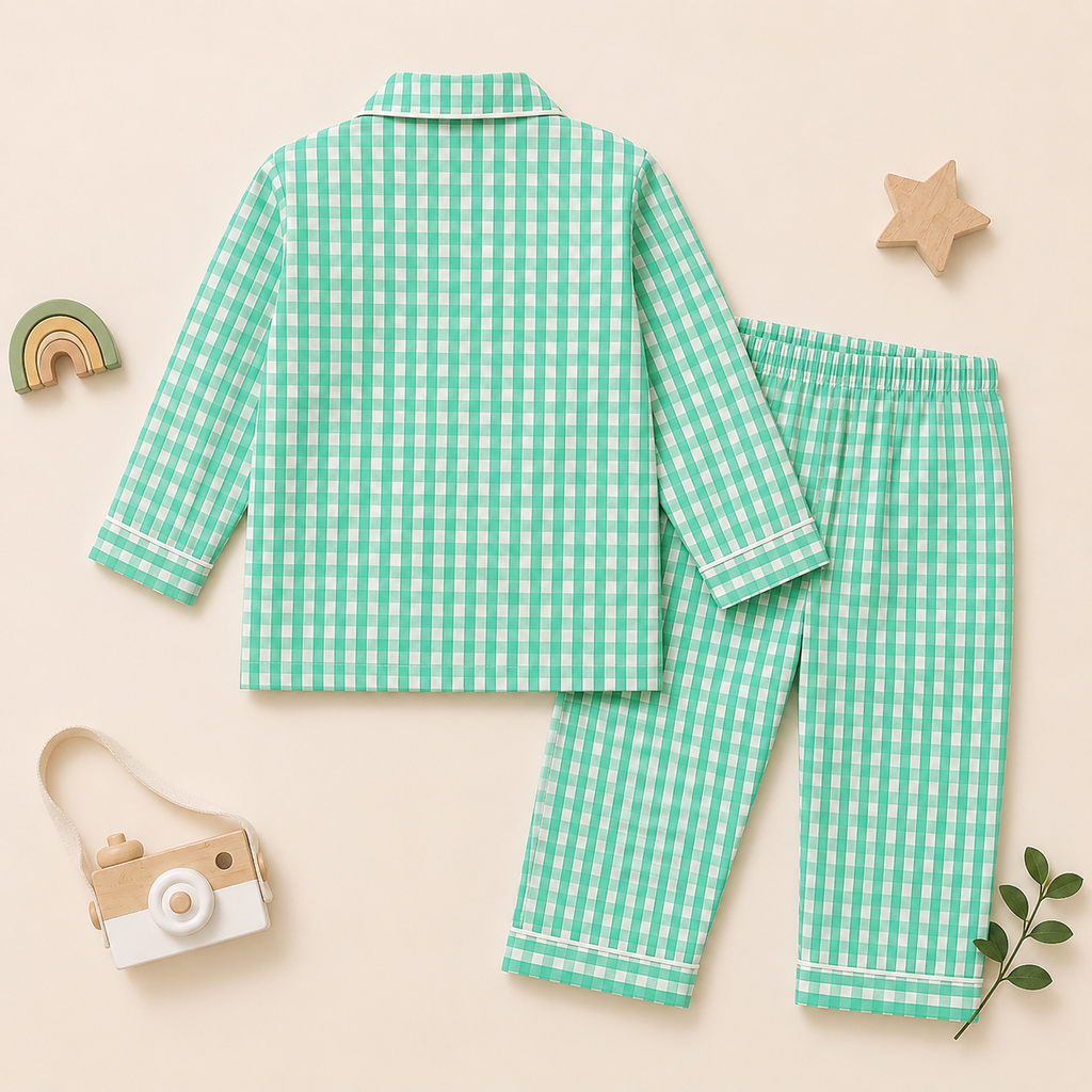 Kids Pure Cotton Night Suit | Green Gingham Checks Full Sleeve Shirt & Pyjama Set
