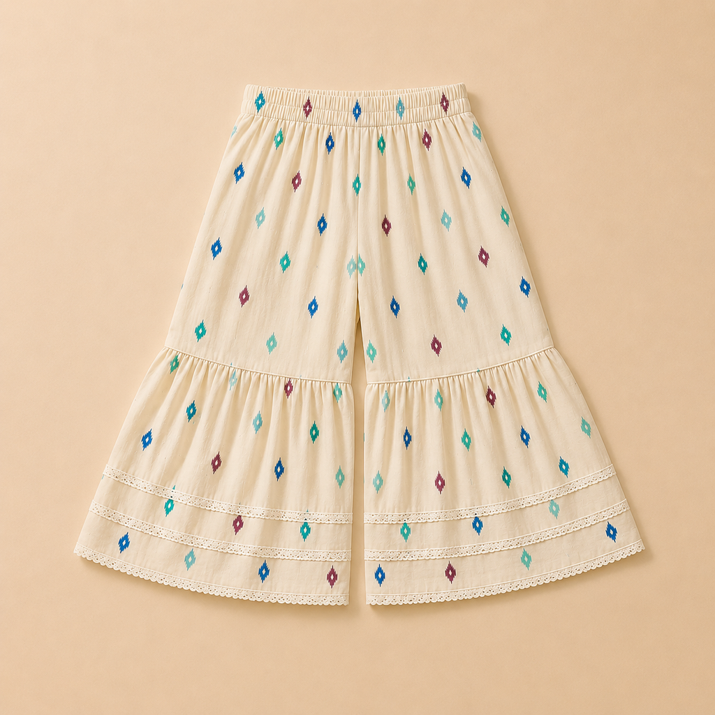 Girls Cream Printed Sharara Set with Dupatta | Cotton Ethnic Wear for Kids