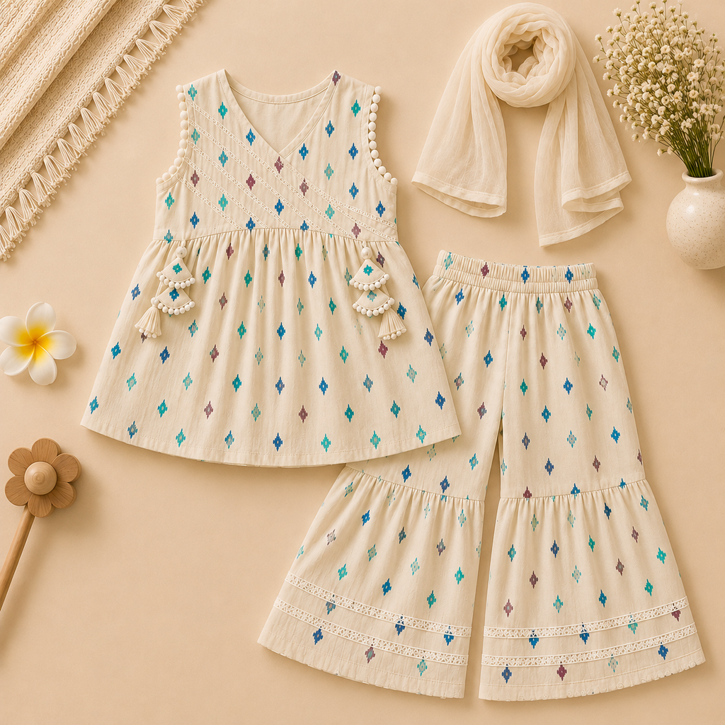Girls Cream Printed Sharara Set with Dupatta | Cotton Ethnic Wear for Kids