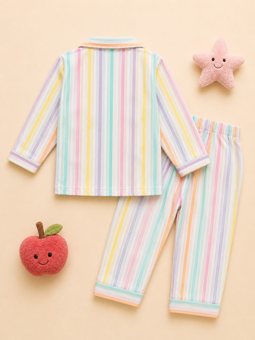 Kids pastel multicolor striped apple patch night suit – back view