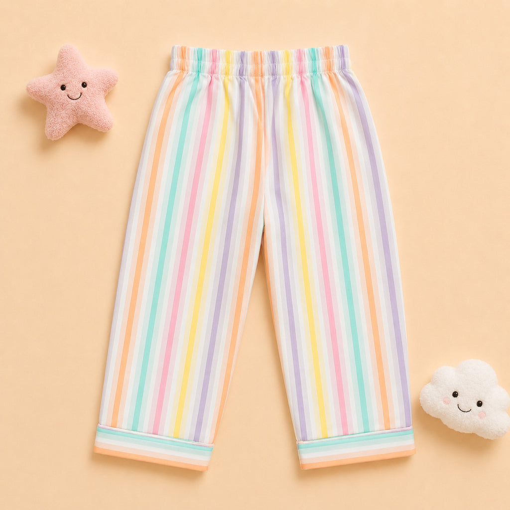 Kids pastel multicolor striped apple patch night suit – flat lay view