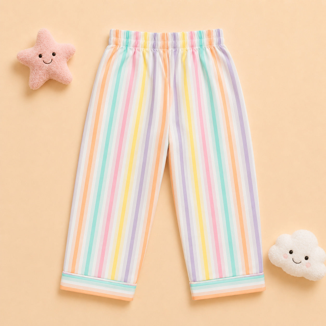 Kids pastel multicolor striped apple patch night suit – flat lay view