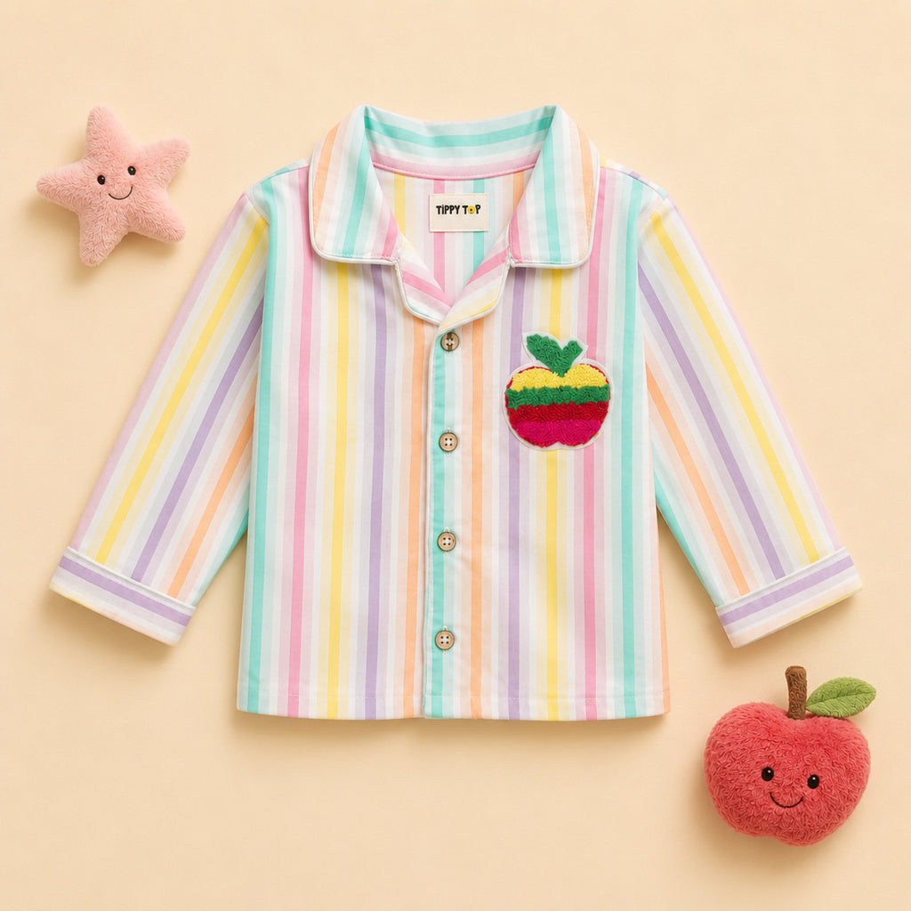Kids pastel multicolor striped apple patch night suit – side view