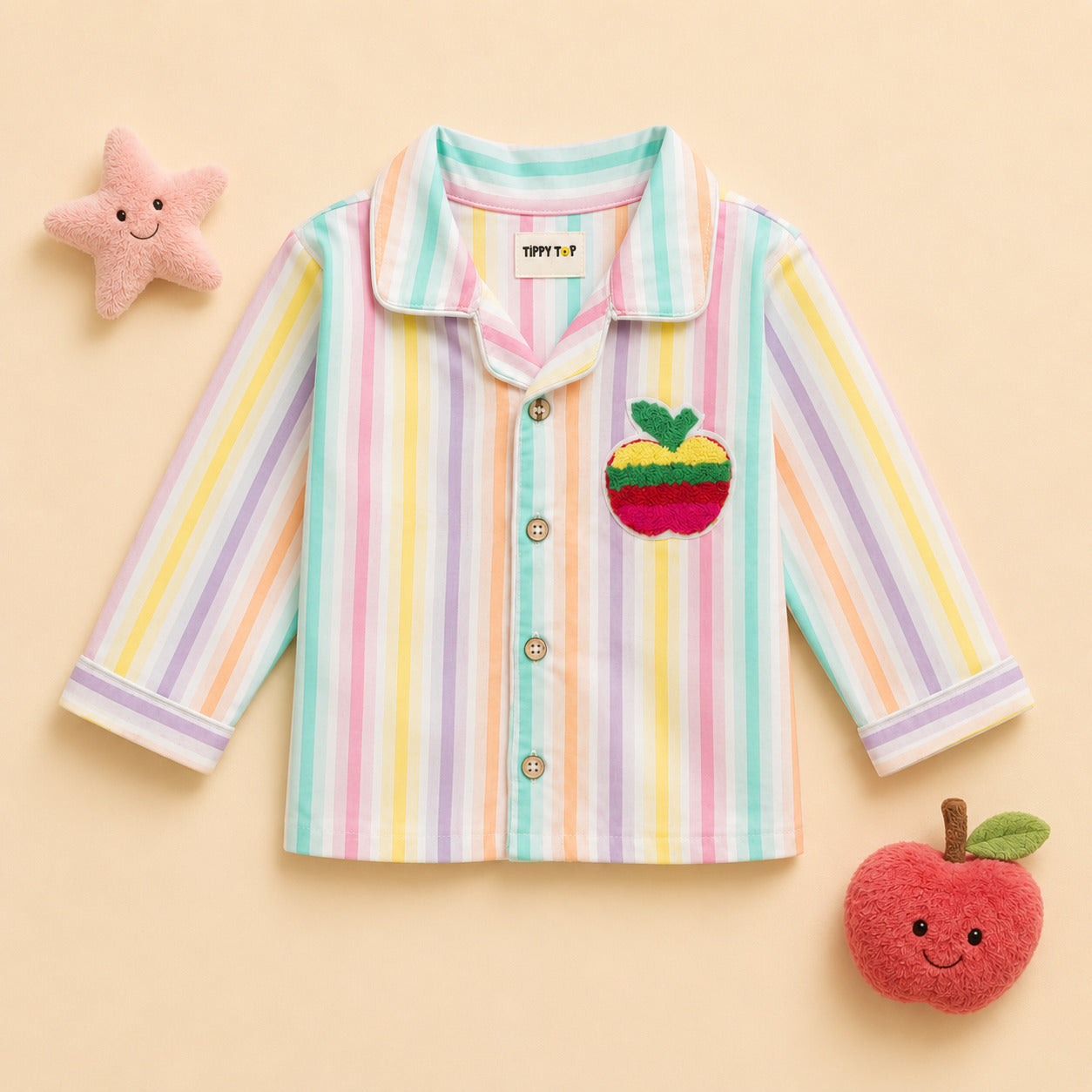 Kids pastel multicolor striped apple patch night suit – side view