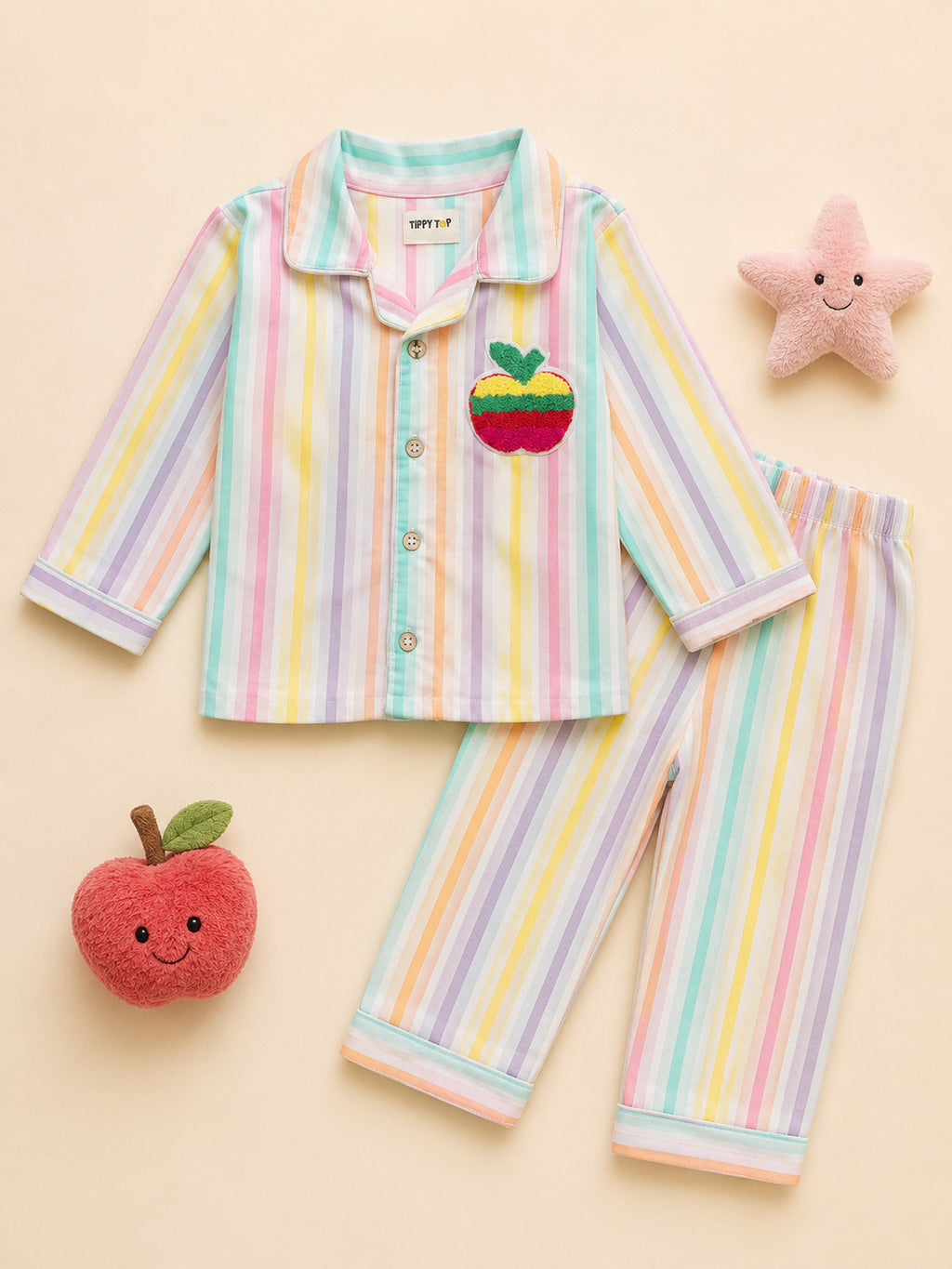 Kids pastel multicolor striped night suit with apple patch – child wearing