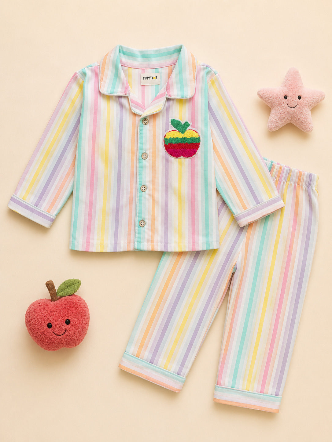 Kids pastel multicolor striped night suit with apple patch – child wearing