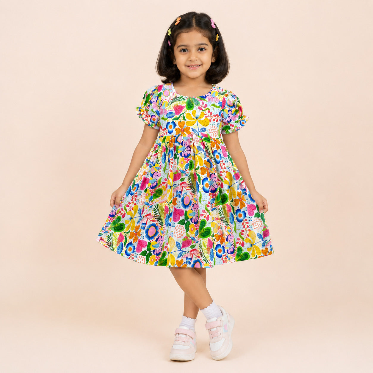 Girls multicolor floral puff sleeve casual party dress – kids occasion wear