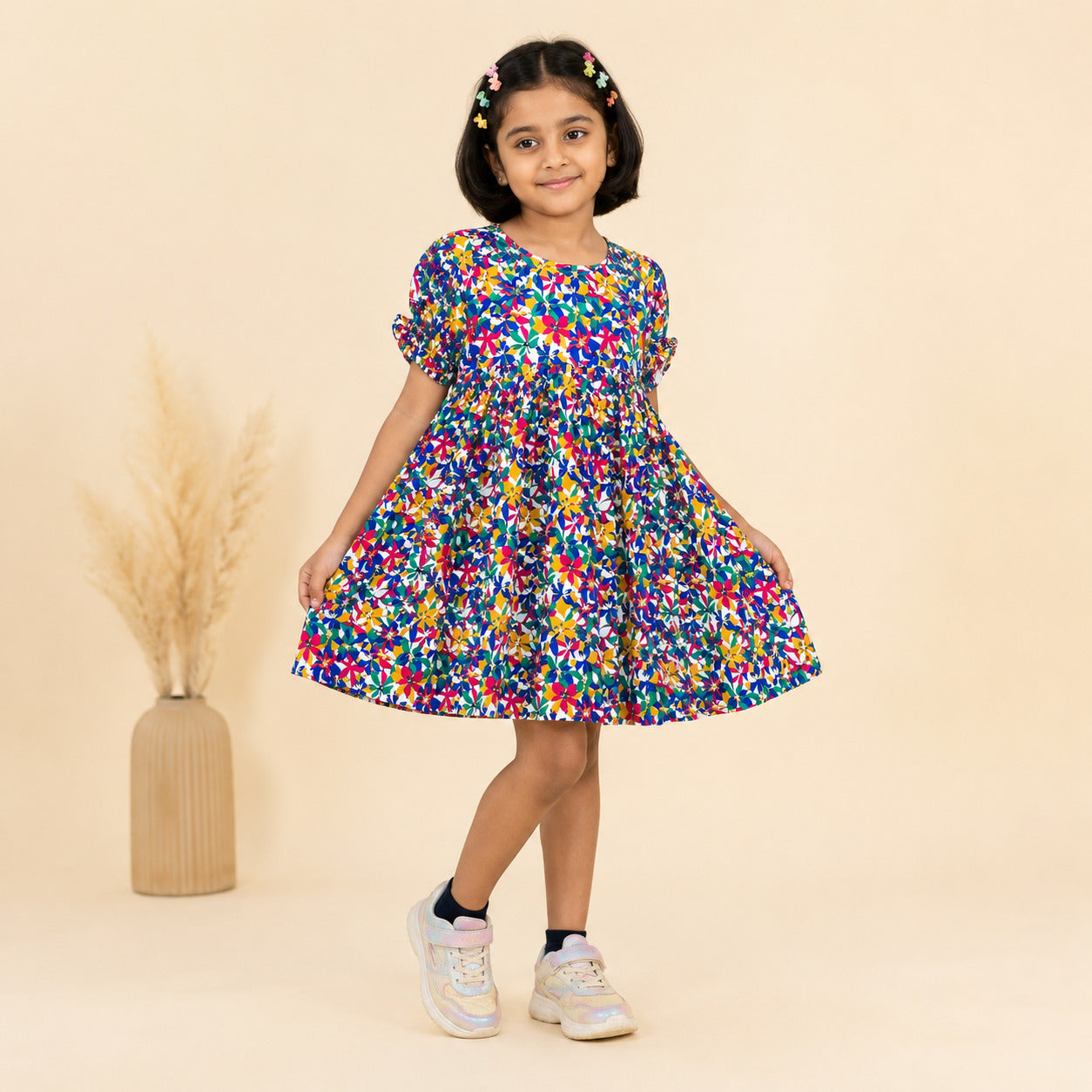 Girls multicolor floral print puff sleeve party dress – kids occasion wear