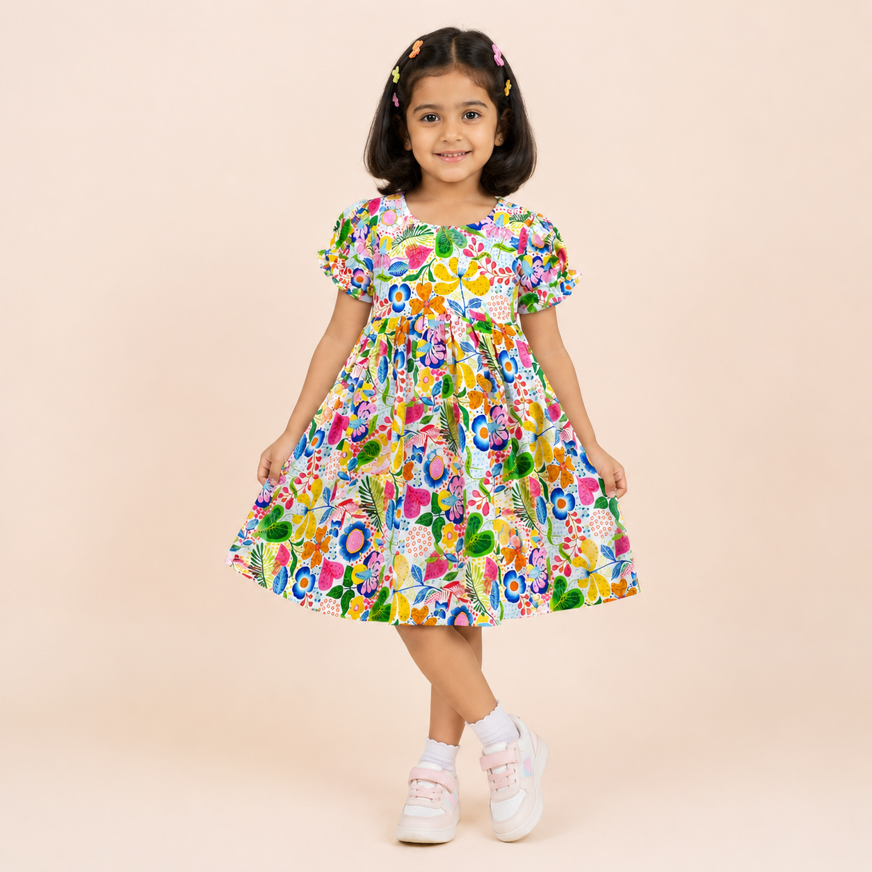 Girls Multicolor Floral Puff Sleeve Casual Party Dress