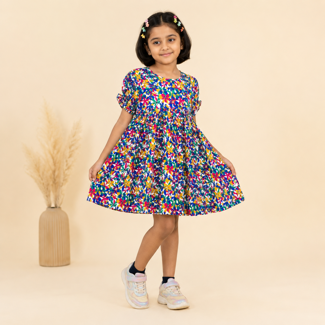 Girls Multicolor Floral Print Puff Sleeve Party Dress